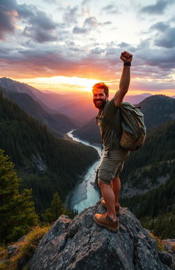 A rugged adventurer triumphantly standing on a mountain peak, overlooking a breathtaking wilderness landscape filled with towering trees, expansive valleys, and a sparkling river below