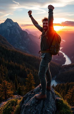 A rugged adventurer triumphantly standing on a mountain peak, overlooking a breathtaking wilderness landscape filled with towering trees, expansive valleys, and a sparkling river below