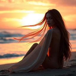A beautiful young woman with flowing long hair, sitting on a beach at sunset, light reflecting off the waves