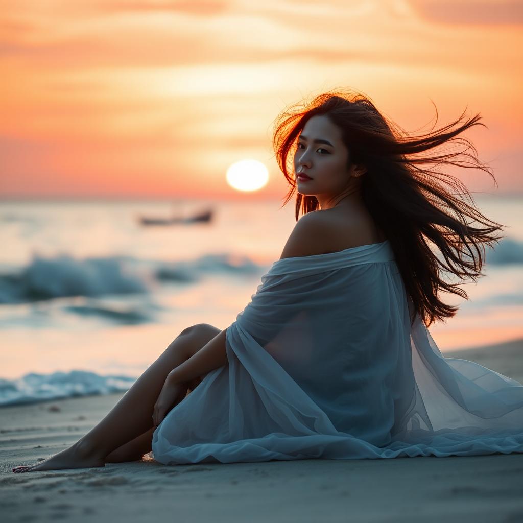 A beautiful young woman with flowing long hair, sitting on a beach at sunset, light reflecting off the waves