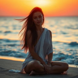 A beautiful young woman with flowing long hair, sitting on a beach at sunset, light reflecting off the waves