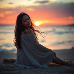 A beautiful young woman with flowing long hair, sitting on a beach at sunset, light reflecting off the waves