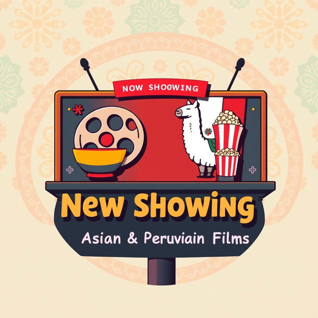 A captivating pictogram illustration of a cinema billboard that creatively combines Asian and Peruvian elements