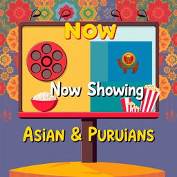 A captivating pictogram illustration of a cinema billboard that creatively combines Asian and Peruvian elements