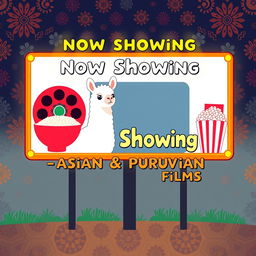 A captivating pictogram illustration of a cinema billboard that creatively combines Asian and Peruvian elements