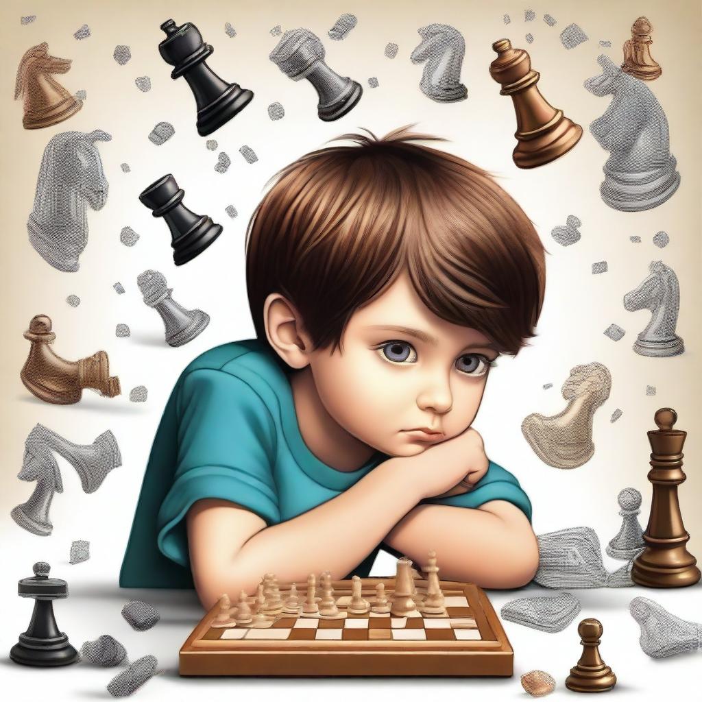 A curious little boy with brown hair and hazel eyes, deeply engrossed in a chess game