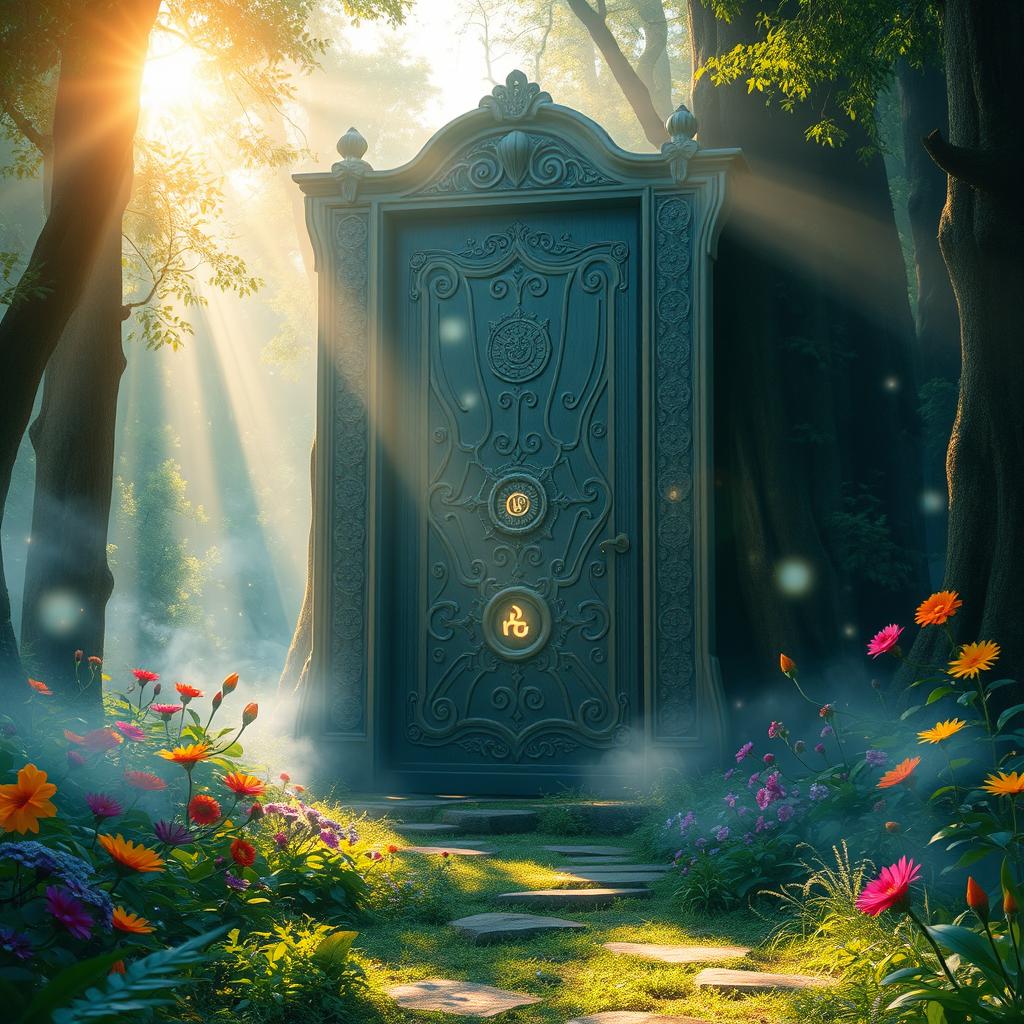 A mystical and enchanting scene showcasing a magnificent, oversized door set in a lush, vibrant forest