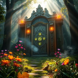 A mystical and enchanting scene showcasing a magnificent, oversized door set in a lush, vibrant forest