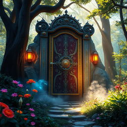 A mystical and enchanting scene showcasing a magnificent, oversized door set in a lush, vibrant forest