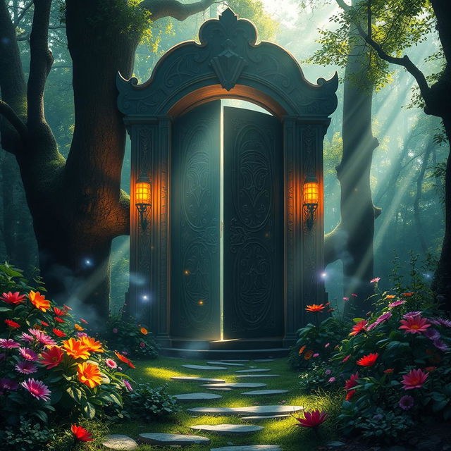 A mystical and enchanting scene showcasing a magnificent, oversized door set in a lush, vibrant forest