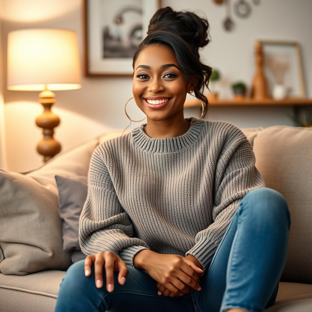 A beautiful black woman around 35 years old, seated comfortably on a stylish sofa, exuding a warm and inviting presence suitable for a dating profile