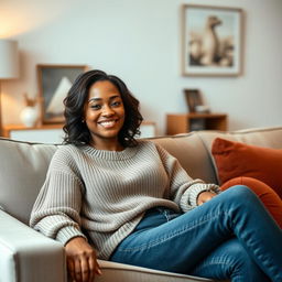 A beautiful black woman around 35 years old, seated comfortably on a stylish sofa, exuding a warm and inviting presence suitable for a dating profile