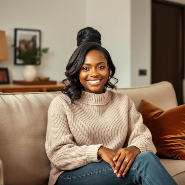 A beautiful black woman around 35 years old, seated comfortably on a stylish sofa, exuding a warm and inviting presence suitable for a dating profile