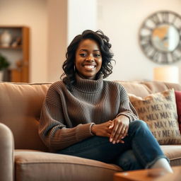 A beautiful black woman around 35 years old, seated comfortably on a stylish sofa, exuding a warm and inviting presence suitable for a dating profile