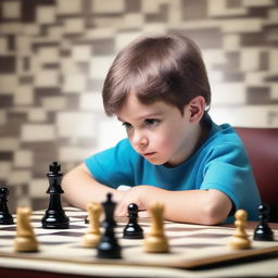 A curious little boy with brown hair and hazel eyes, deeply engrossed in a chess game