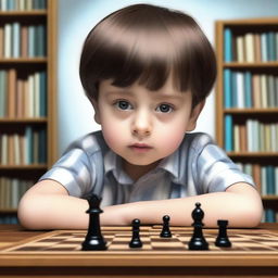 A curious little boy with brown hair and hazel eyes, deeply engrossed in a chess game