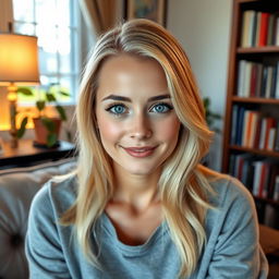 A charming 30-year-old blonde woman with expressive blue eyes, sitting comfortably in a cozy room