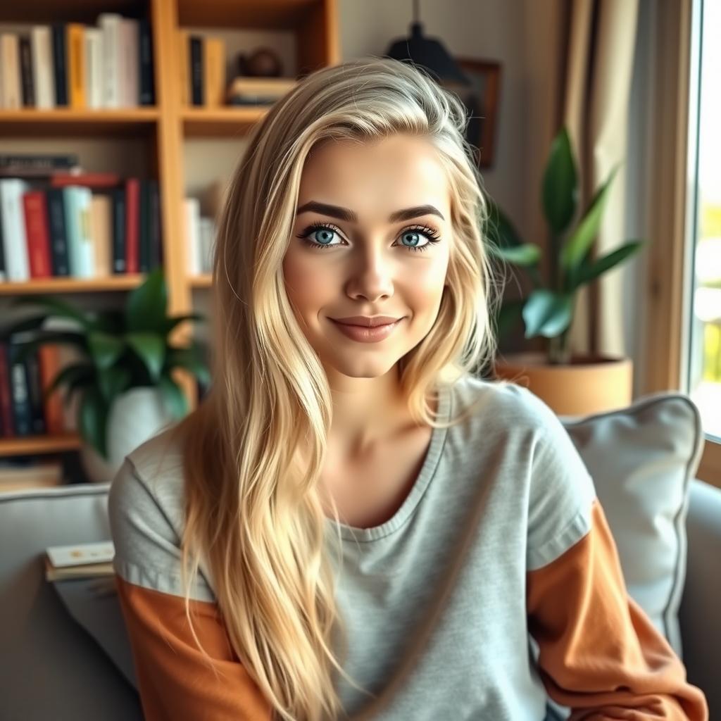 A charming 30-year-old blonde woman with expressive blue eyes, sitting comfortably in a cozy room