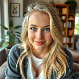 A charming 30-year-old blonde woman with expressive blue eyes, sitting comfortably in a cozy room
