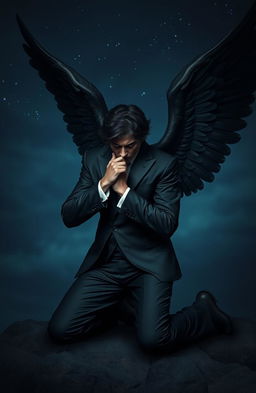 A dark-looking angel kneeling in a position that conveys both fragility and power