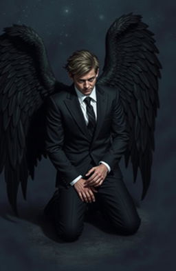 A dark-looking angel kneeling in a position that conveys both fragility and power