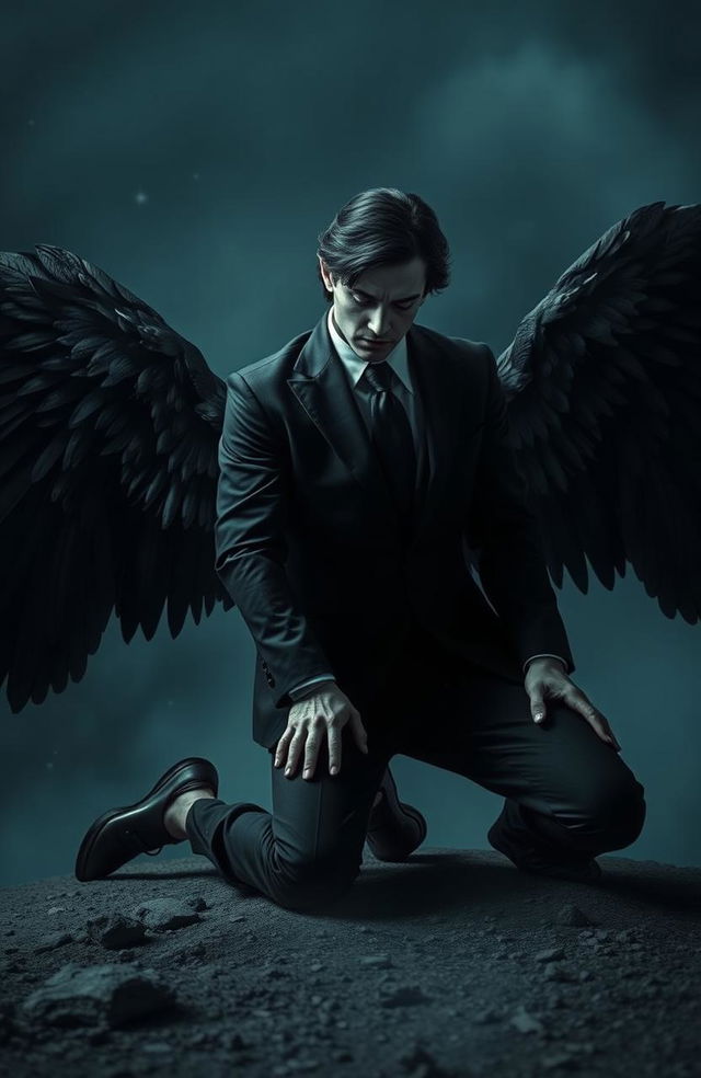 A dark-looking angel kneeling in a position that conveys both fragility and power