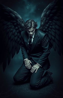 A dark-looking angel kneeling in a position that conveys both fragility and power