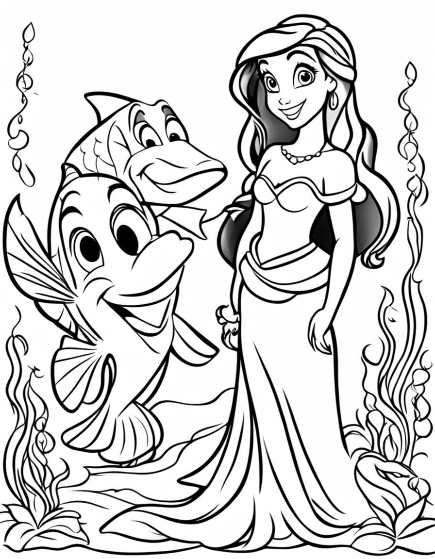 A simple Disney-style coloring page featuring a basic depiction of Ariel from The Little Mermaid and Flounder.