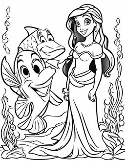 A simple Disney-style coloring page featuring a basic depiction of Ariel from The Little Mermaid and Flounder.