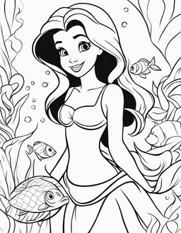 A simple Disney-style coloring page featuring a basic depiction of Ariel from The Little Mermaid and Flounder.