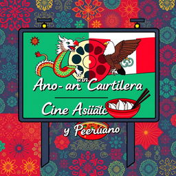 A vibrant pictogram illustration of a cinema billboard that harmoniously blends Asian and Peruvian cultural elements