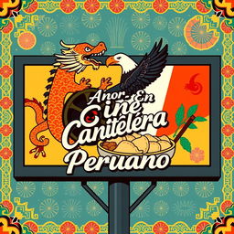 A vibrant pictogram illustration of a cinema billboard that harmoniously blends Asian and Peruvian cultural elements