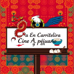 A vibrant pictogram illustration of a cinema billboard that harmoniously blends Asian and Peruvian cultural elements