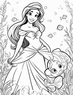 A simple Disney-style coloring page featuring a basic depiction of Ariel from The Little Mermaid and Flounder.