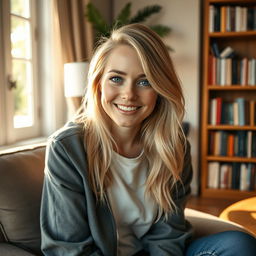 A realistic photograph of a charming 30-year-old blonde woman with expressive blue eyes, sitting in a cozy room