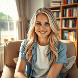 A realistic photograph of a charming 30-year-old blonde woman with expressive blue eyes, sitting in a cozy room