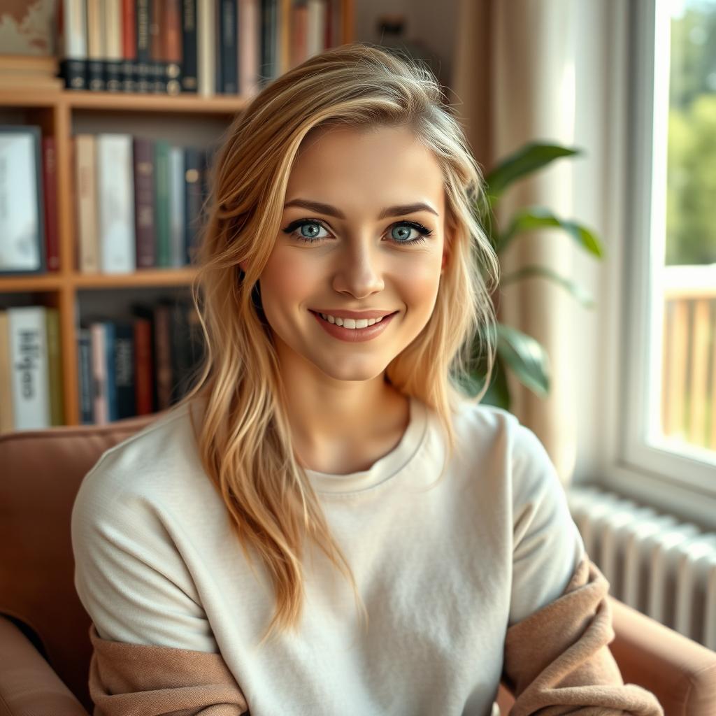 A realistic photograph of a charming 30-year-old blonde woman with expressive blue eyes, sitting in a cozy room