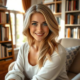 A realistic photograph of a charming 30-year-old blonde woman with expressive blue eyes, sitting in a cozy room