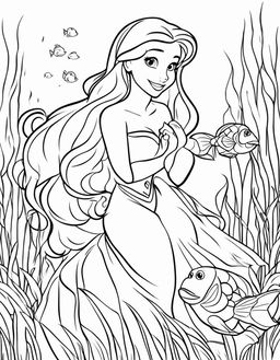 A simple Disney-style coloring page featuring a basic depiction of Ariel from The Little Mermaid and Flounder.