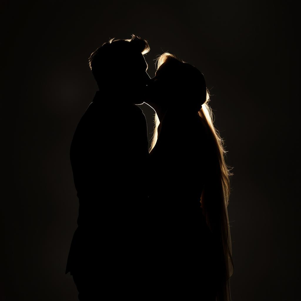 A dramatic dark-toned silhouette of a couple kissing intensely, creating an emotional and passionate atmosphere