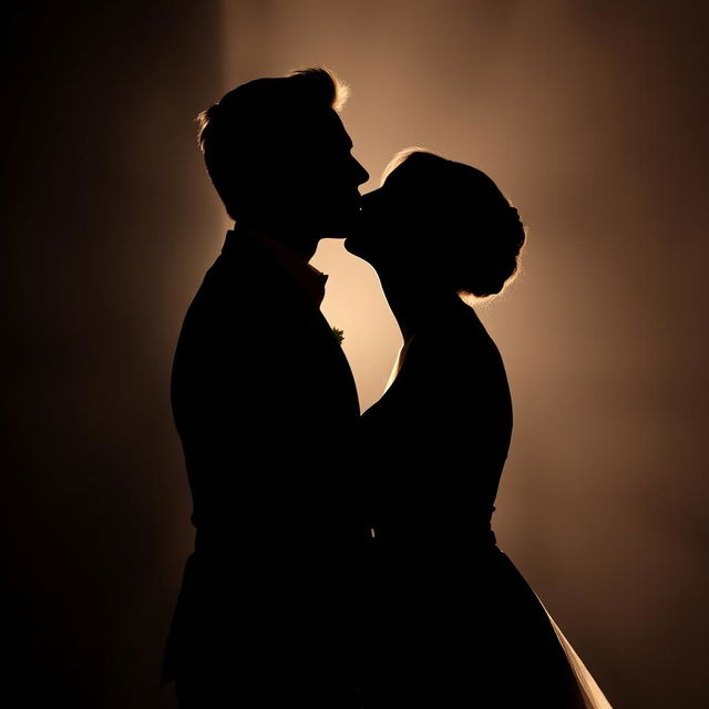 A dramatic dark-toned silhouette of a couple kissing intensely, creating an emotional and passionate atmosphere