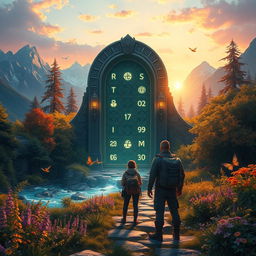 An exhilarating fantasy adventure scene featuring a grand, once-in-a-lifetime door situated amidst a breathtaking landscape