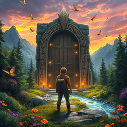 An exhilarating fantasy adventure scene featuring a grand, once-in-a-lifetime door situated amidst a breathtaking landscape