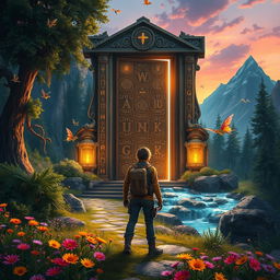 An exhilarating fantasy adventure scene featuring a grand, once-in-a-lifetime door situated amidst a breathtaking landscape