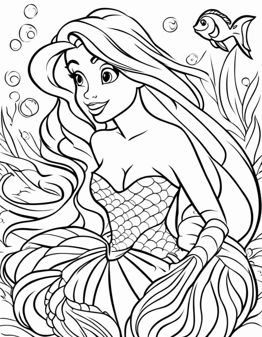 Ariel from The Little Mermaid coloring page for children with bold simple lines and fish scales.