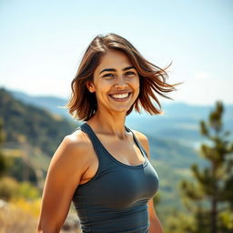 A fit and sporty American woman around 35 years old, exuding energy and confidence