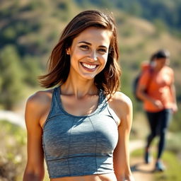 A fit and sporty American woman around 35 years old, exuding energy and confidence
