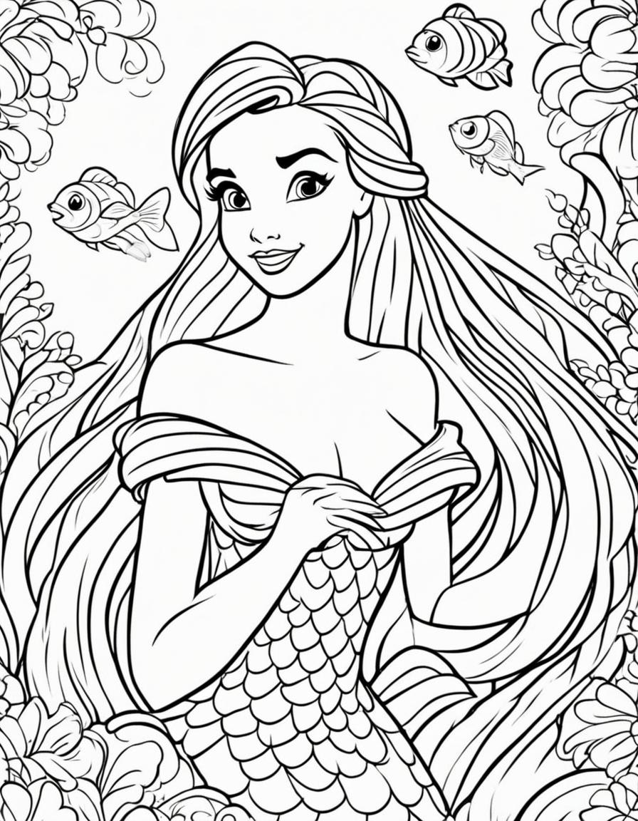 Ariel from The Little Mermaid coloring page for children with bold simple lines and fish scales.