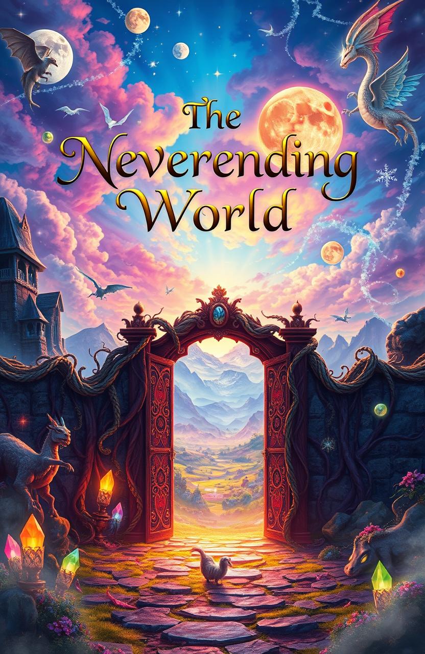 A captivating fantasy book cover for 'The Neverending World'