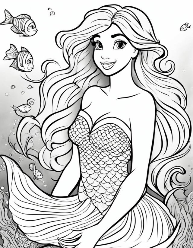 Ariel as a mermaid with fish tail, coloring page for children.